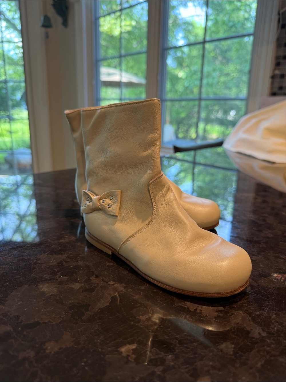 Cream Leather Ankle Boots with Decorative Bow